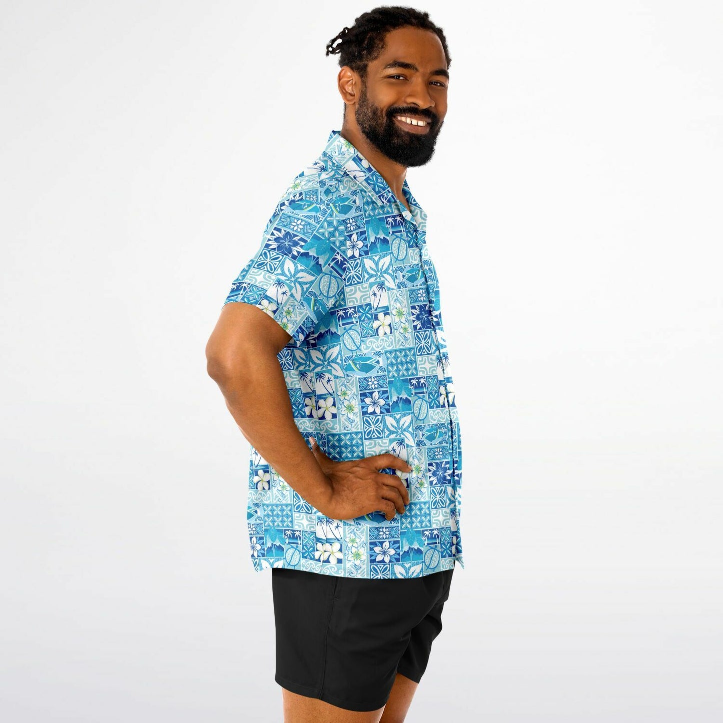 'Blue Motif' Short Sleeve Button-Down Shirt