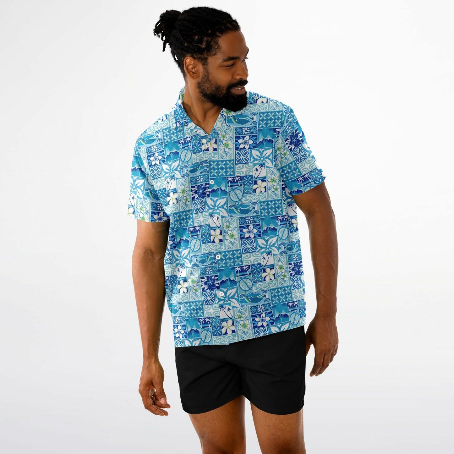 'Blue Motif' Short Sleeve Button-Down Shirt