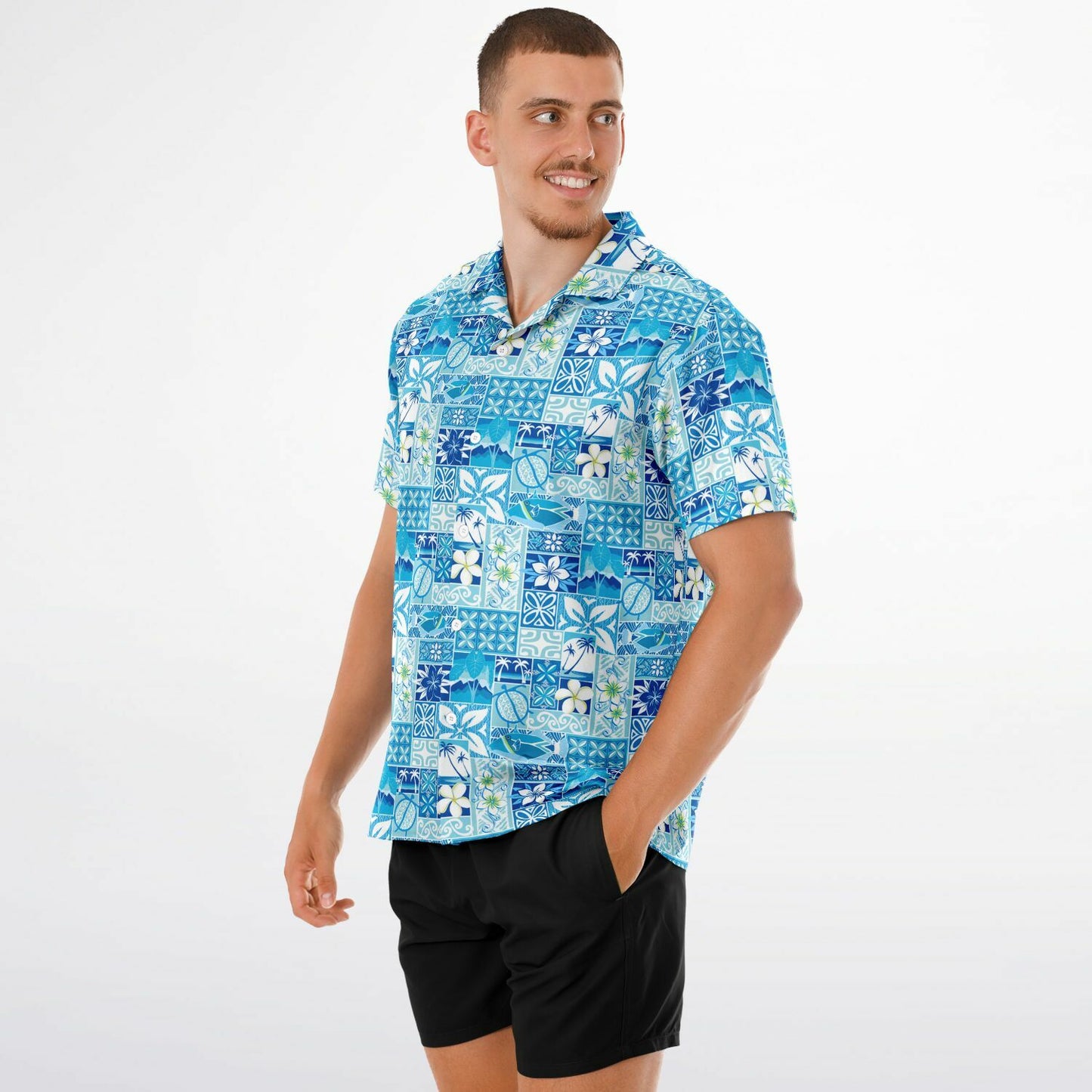 'Blue Motif' Short Sleeve Button-Down Shirt