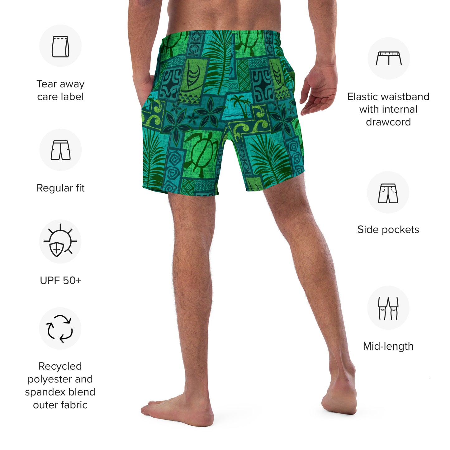 Moku Malihini on blue Men's swim trunks