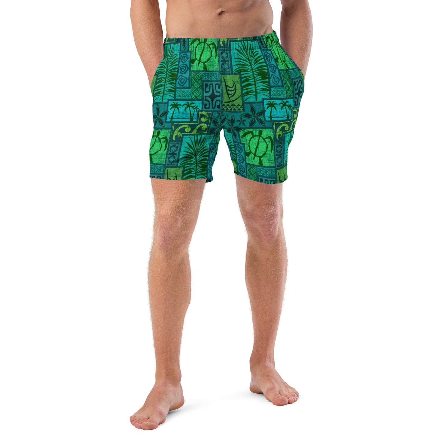 Moku Malihini on blue Men's swim trunks