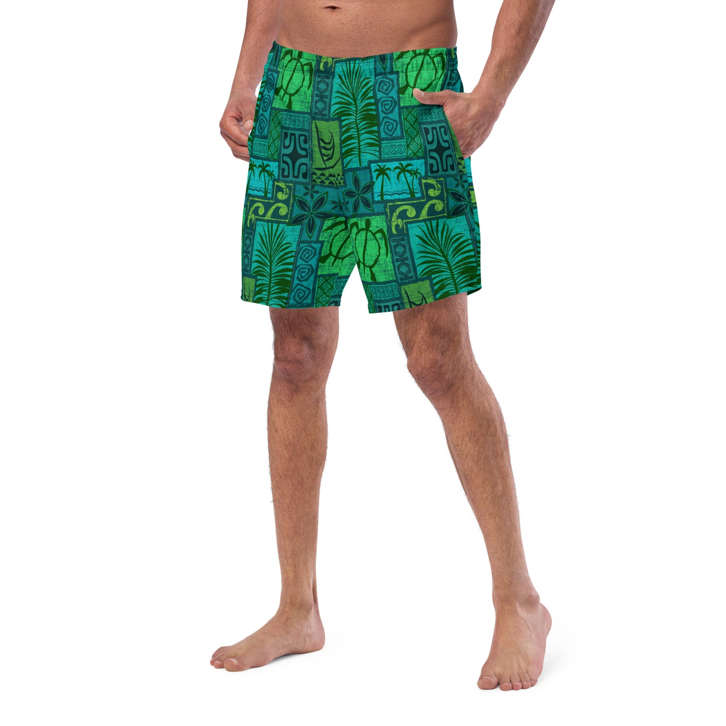 Moku Malihini on blue Men's swim trunks