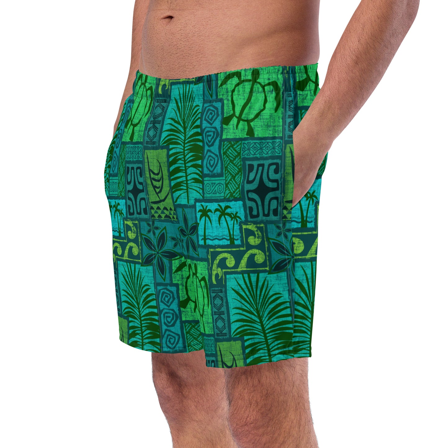 Moku Malihini on blue Men's swim trunks