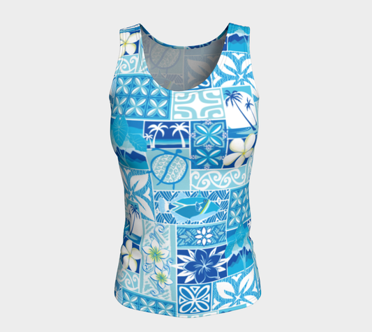 Blue Hawaiian Motif Fitted Tank Long - The Mad Tropic