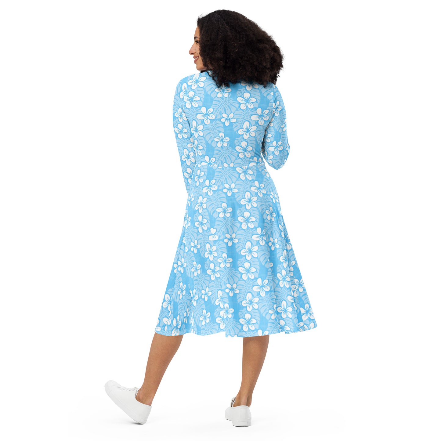 Pale Blue Garden All-over print long sleeve midi dress