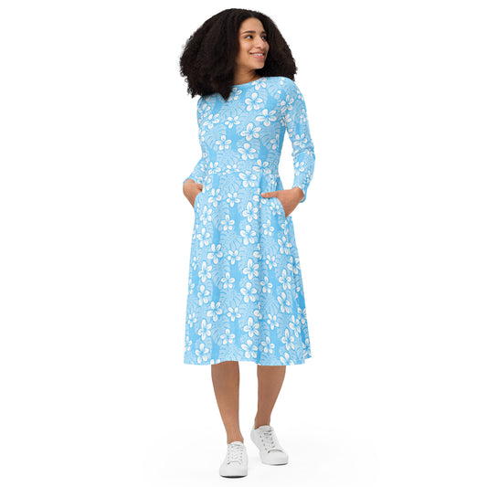 Pale Blue Garden All-over print long sleeve midi dress