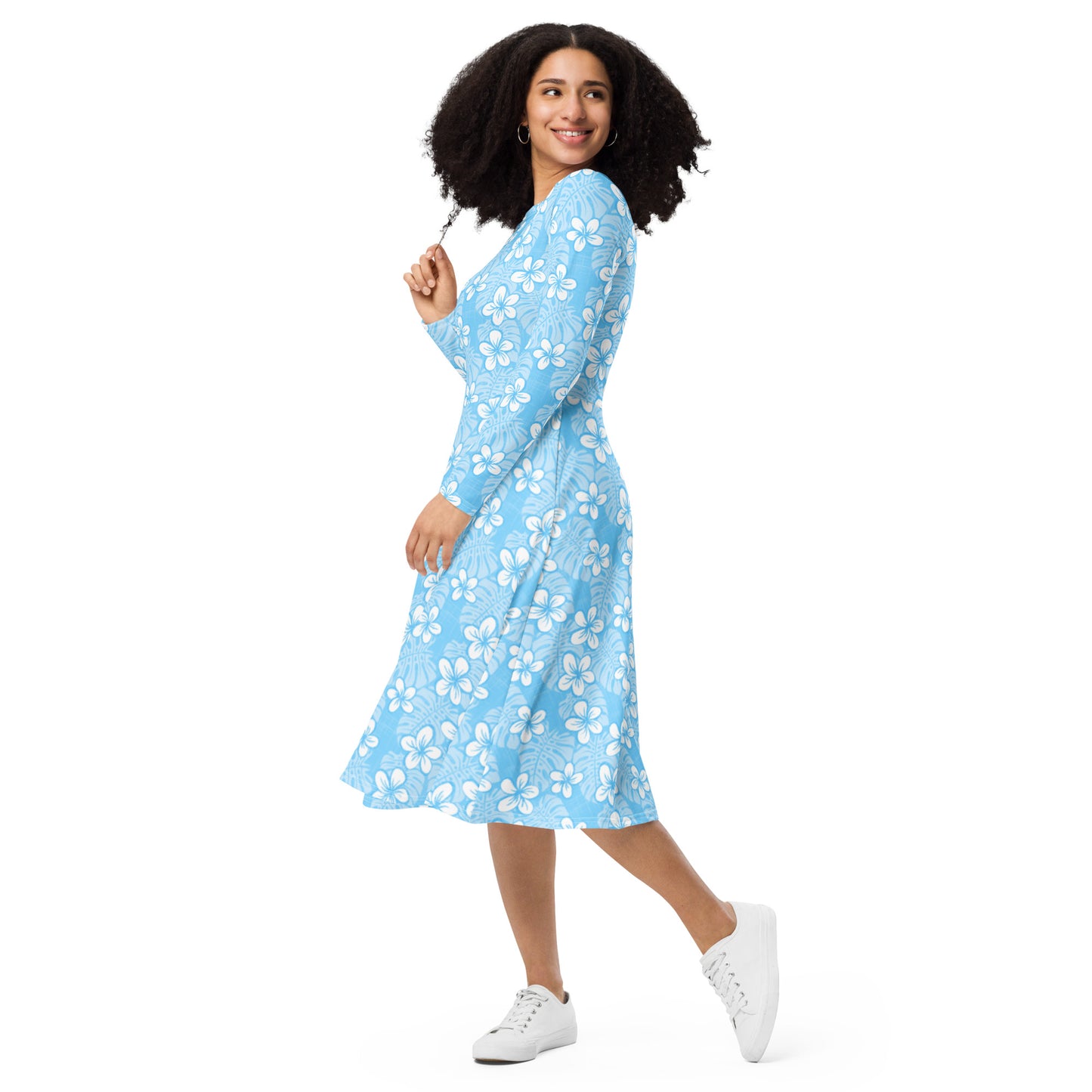 Pale Blue Garden All-over print long sleeve midi dress