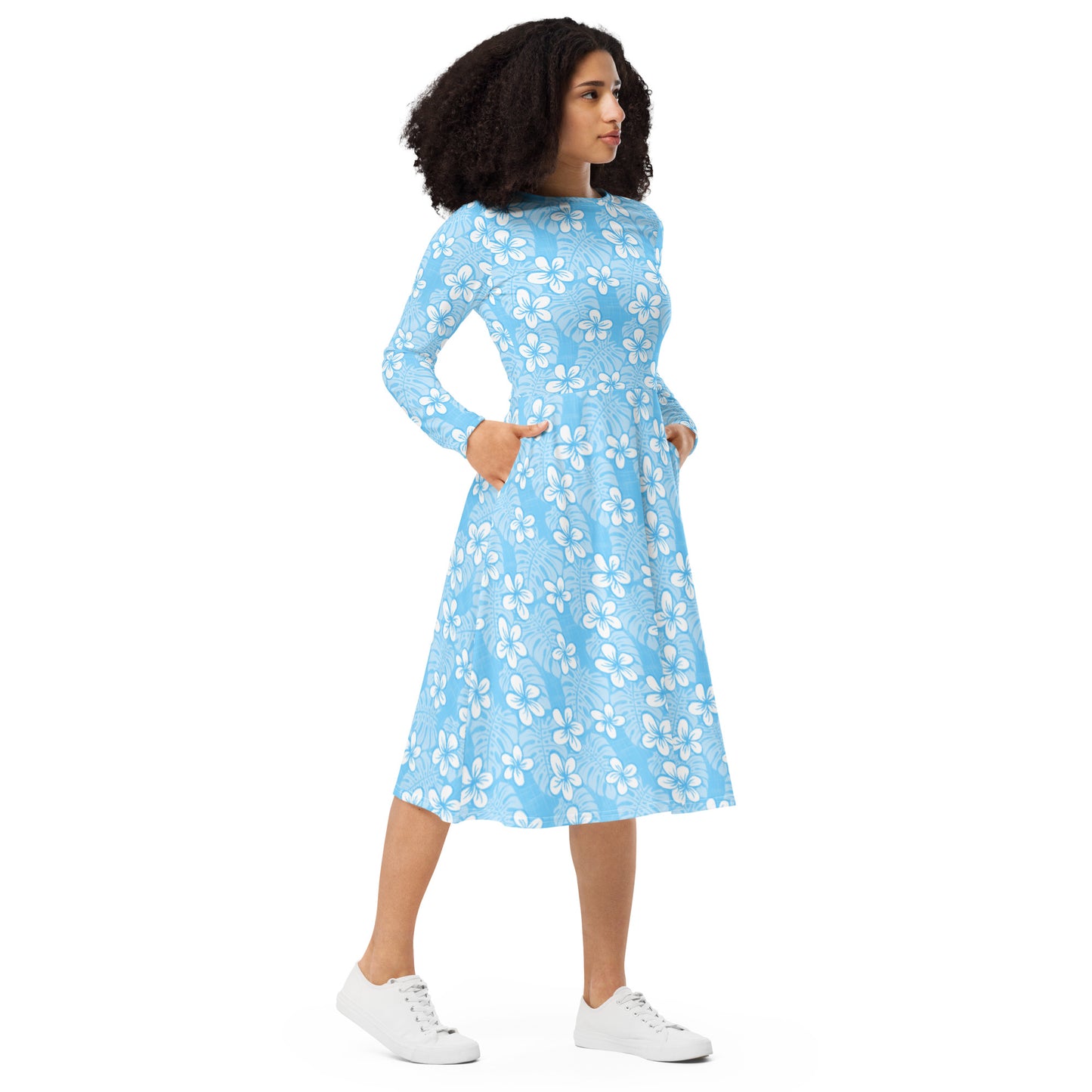 Pale Blue Garden All-over print long sleeve midi dress