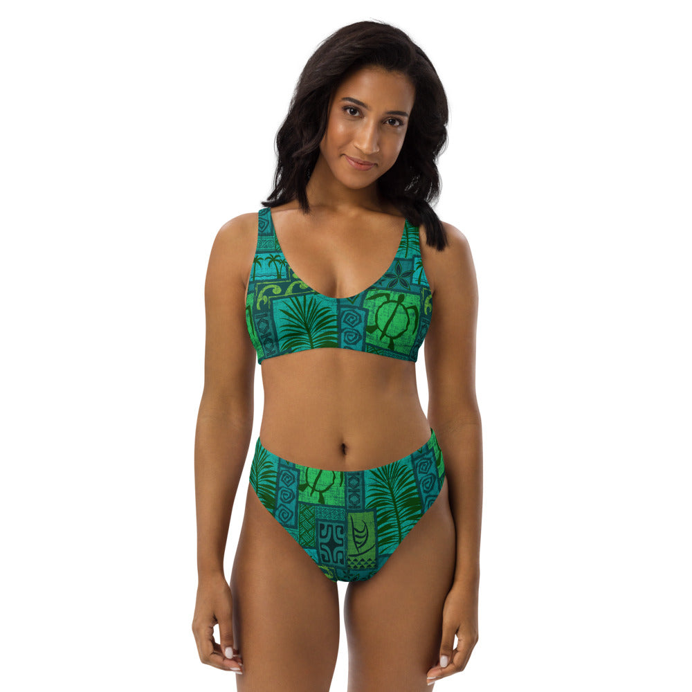 Moku Malihini on blue Recycled high-waisted bikini