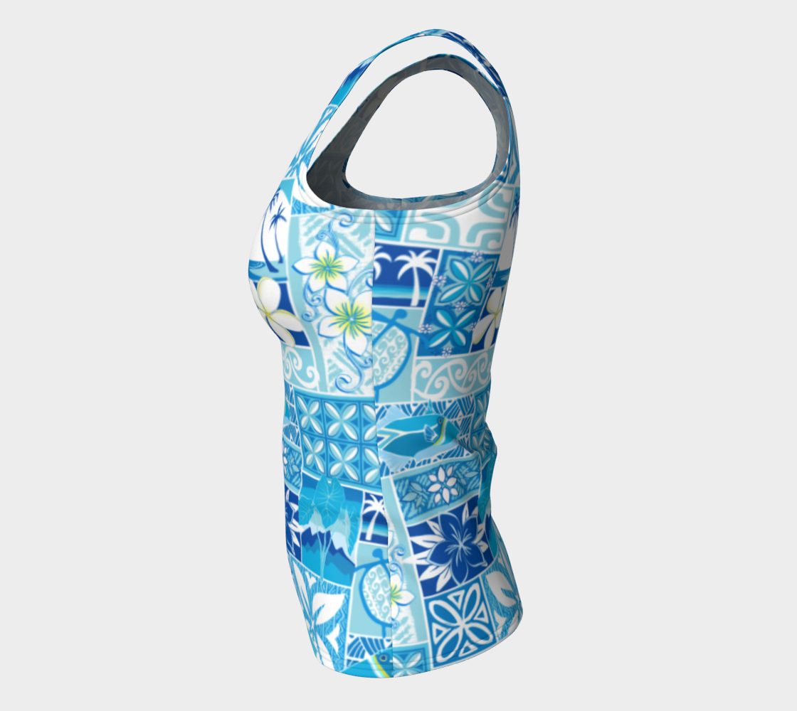 Blue Hawaiian Motif Fitted Tank Long - The Mad Tropic