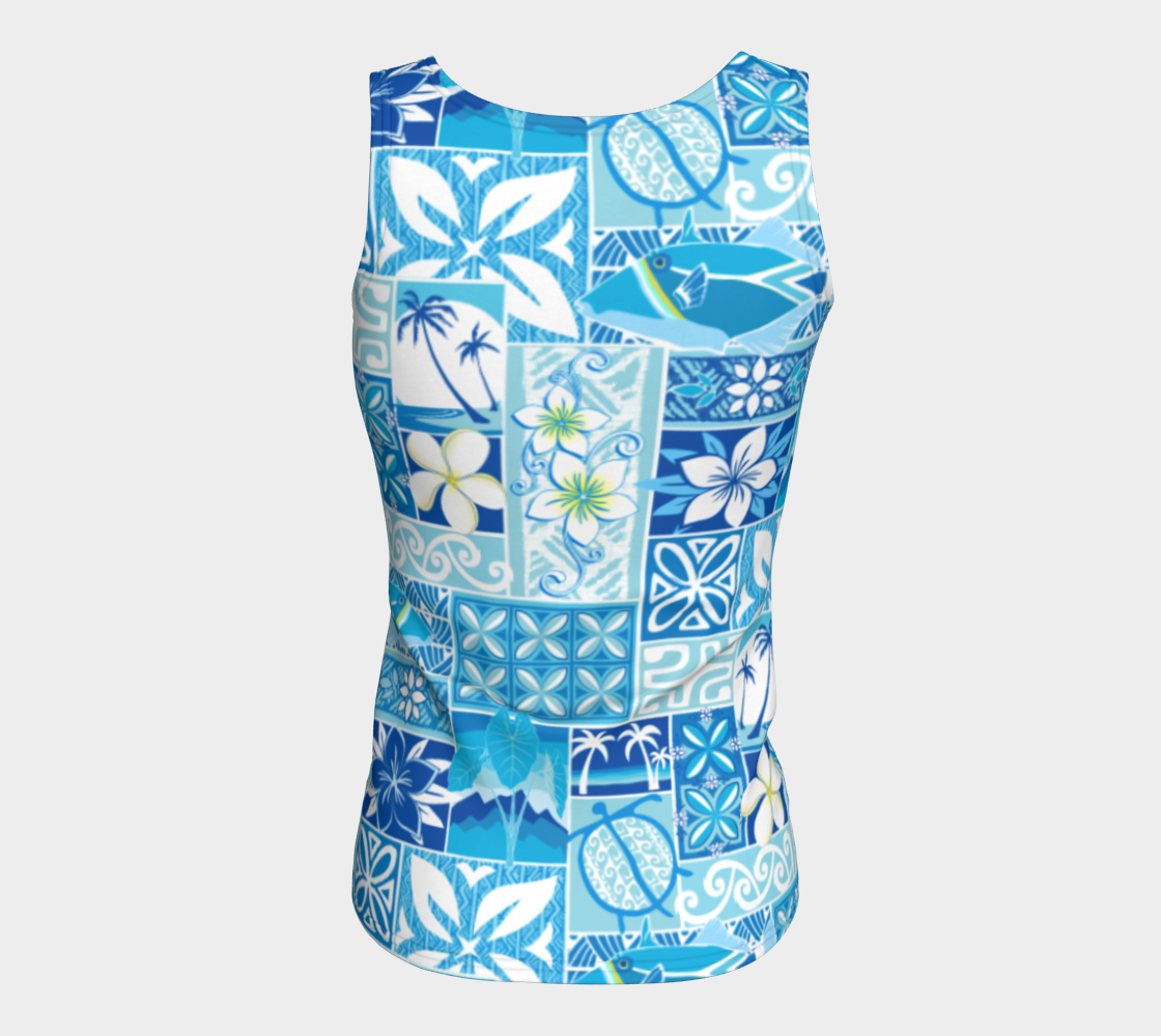Blue Hawaiian Motif Fitted Tank Long - The Mad Tropic