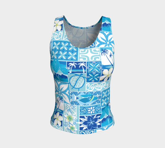 Blue Hawaiian Motif Fitted Tank - The Mad Tropic