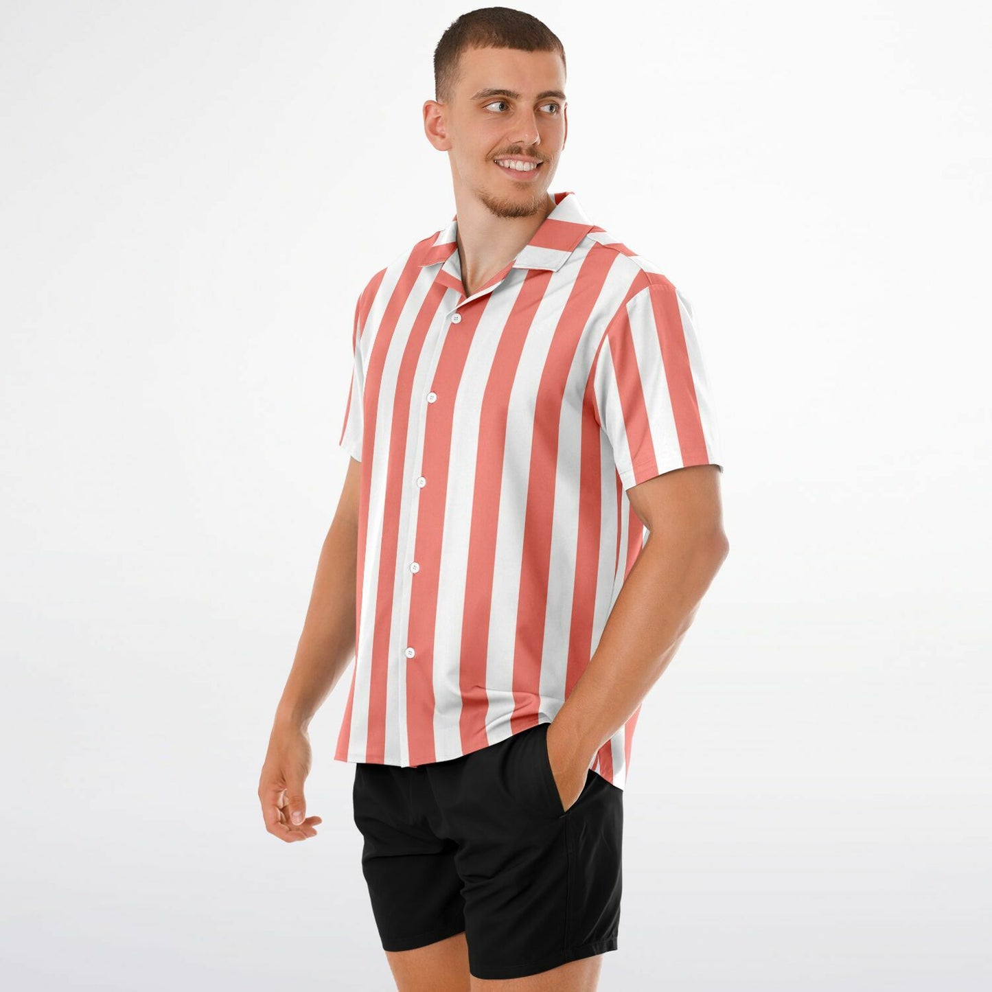 'Beachboy Coral' Striped Short Sleeve Button-Down Shirt