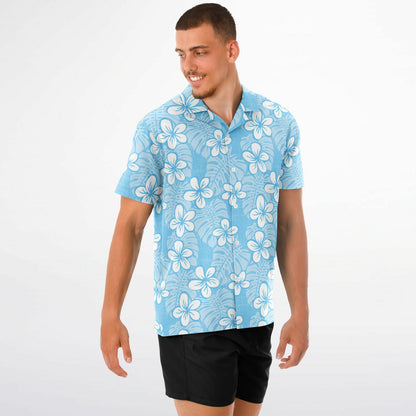 'Pale Blue Garden' Short Sleeve Button-Down Shirt