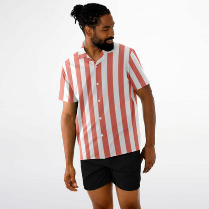 'Beachboy Coral' Striped Short Sleeve Button-Down Shirt