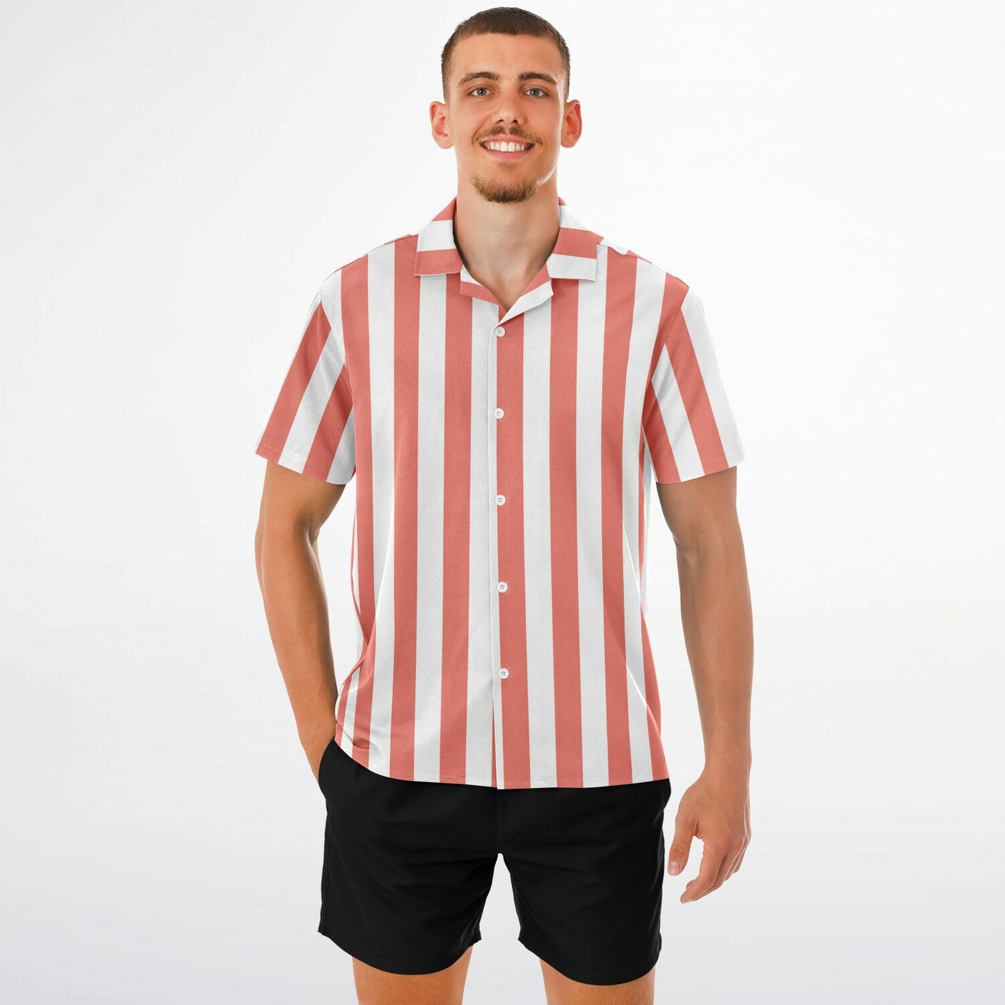 'Beachboy Coral' Striped Short Sleeve Button-Down Shirt