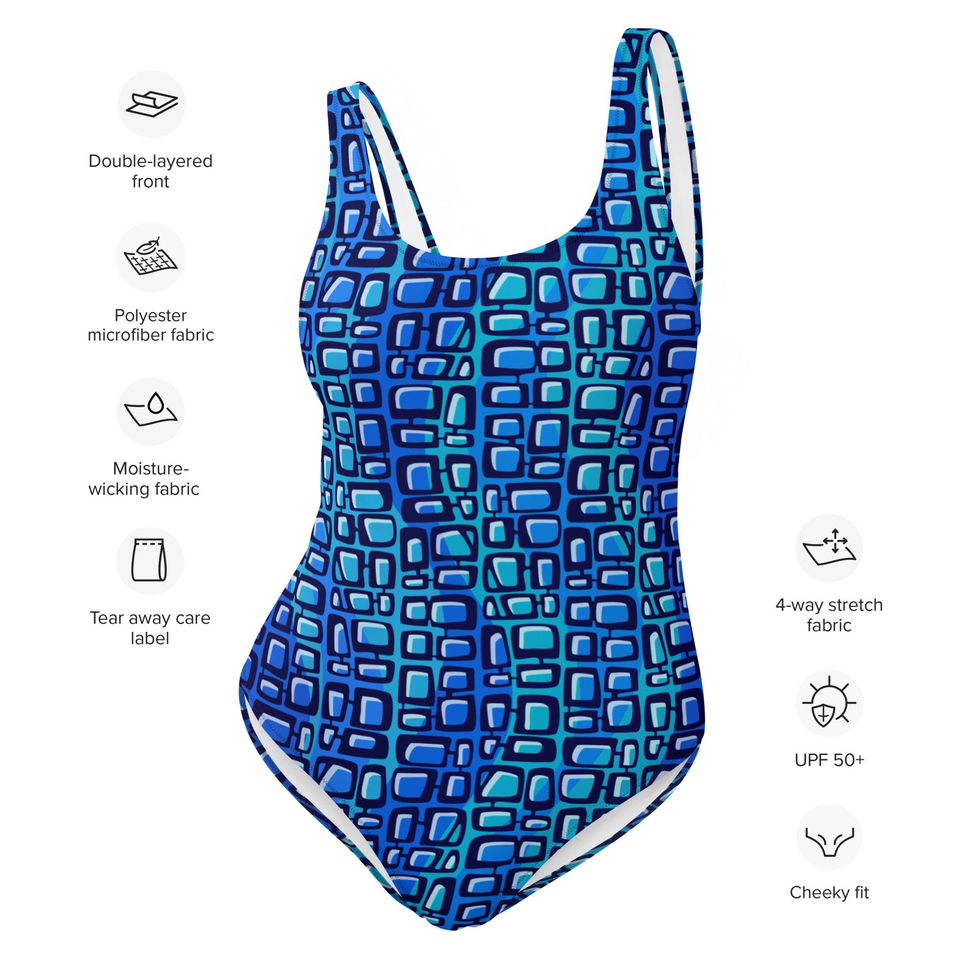 One-Piece Swimsuit Blue and White Technical Fabric